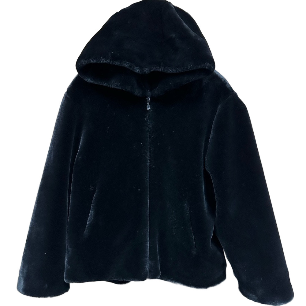 90s Plush black faux fur hooded jacket Womens Large 
 Winter Cozy